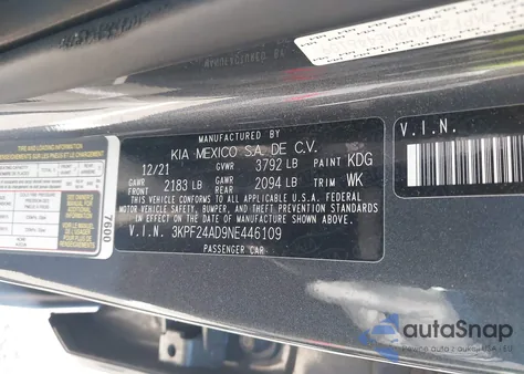 2022 Kia Forte Fe z USA, uszkodzony, nr VIN 3KPF24AD9NE446109